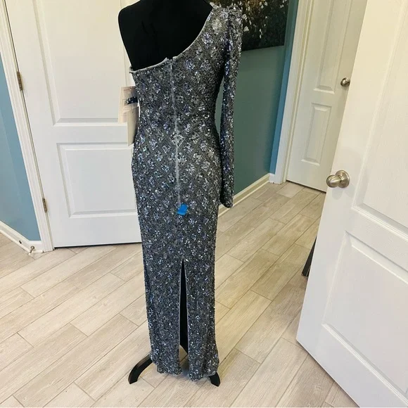 NWT Mac Duggal Sz 6 5479 Embellished One Shoulder Asymmetrical Gown Slate $798 - Picture 13 of 17